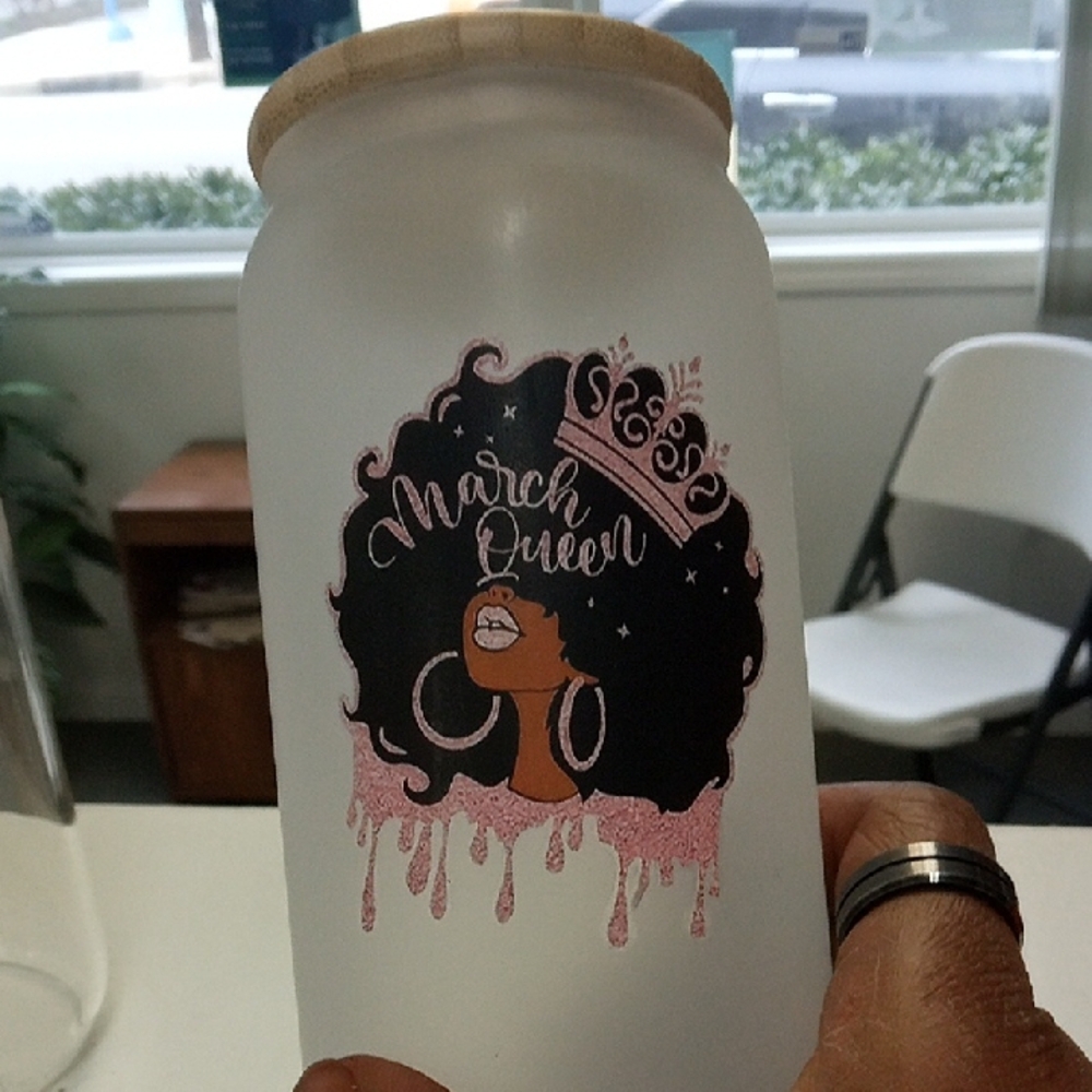 Pink and White Drinkware with Afro Design